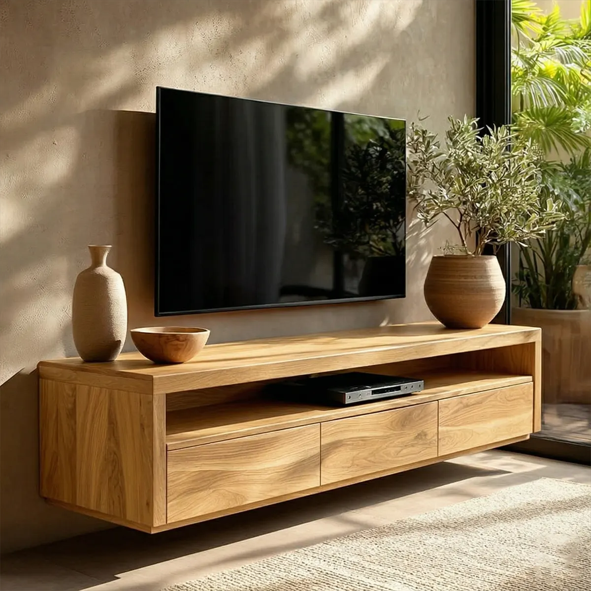 Handcrafted Floating Solid Wood TV Stand with Clean Lines and Hidden Storage Drawers - Elitegemse