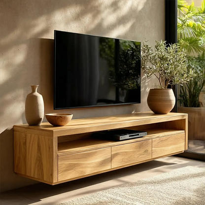Handcrafted Floating Solid Wood TV Stand with Clean Lines and Hidden Storage Drawers - Elitegemse