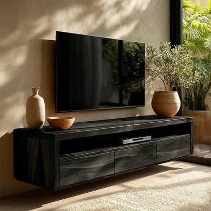 Handcrafted Floating Solid Wood TV Stand with Clean Lines and Hidden Storage Drawers - Elitegemse