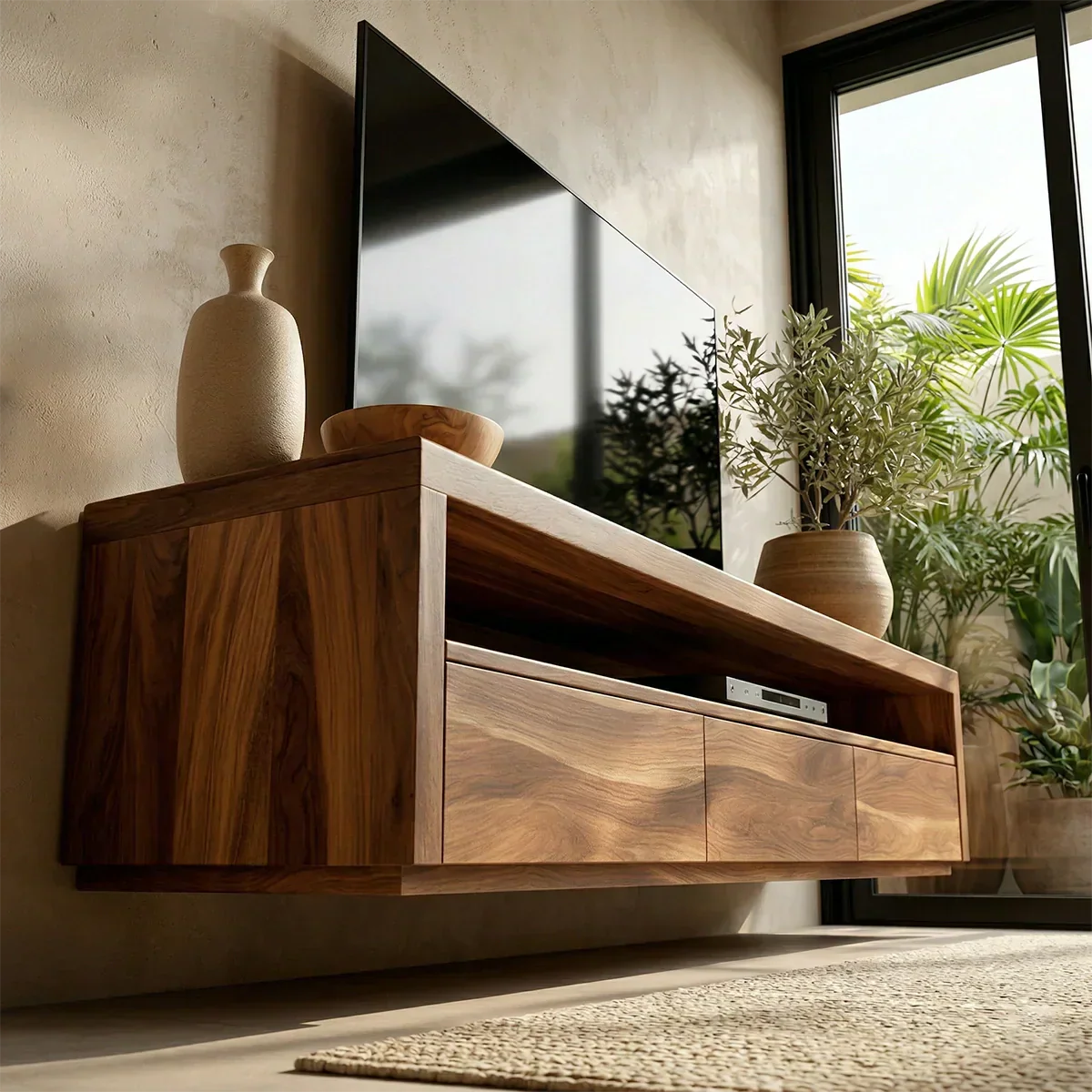 Handcrafted Floating Solid Wood TV Stand with Clean Lines and Hidden Storage Drawers - Woodenecho