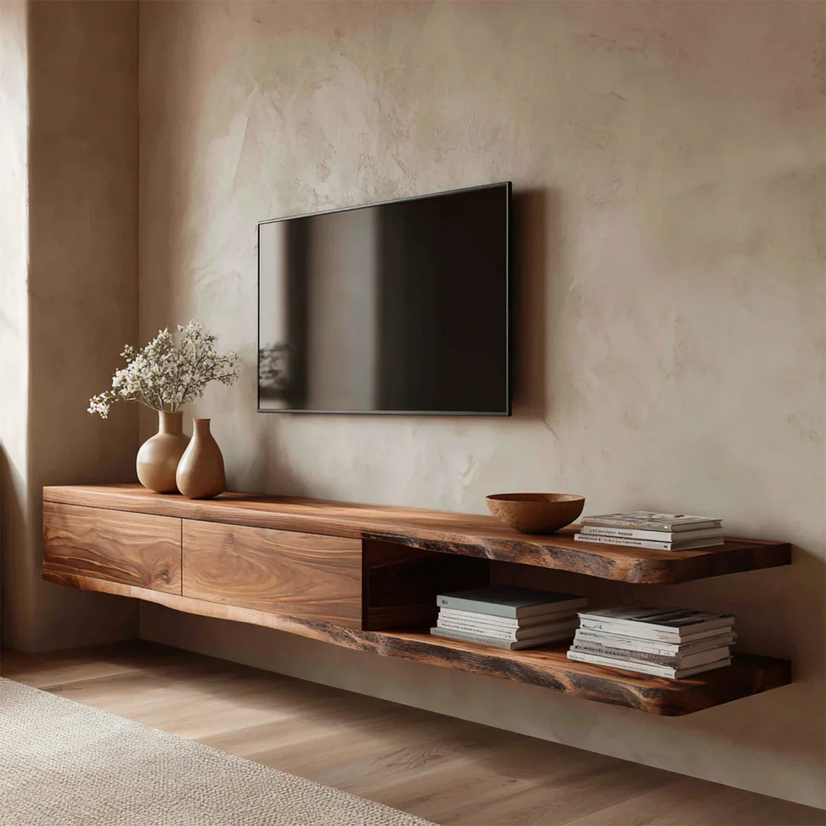Handcrafted Floating Solid Wood TV Stand with Live Edge Shelves and Layered Storage - Elitegemse