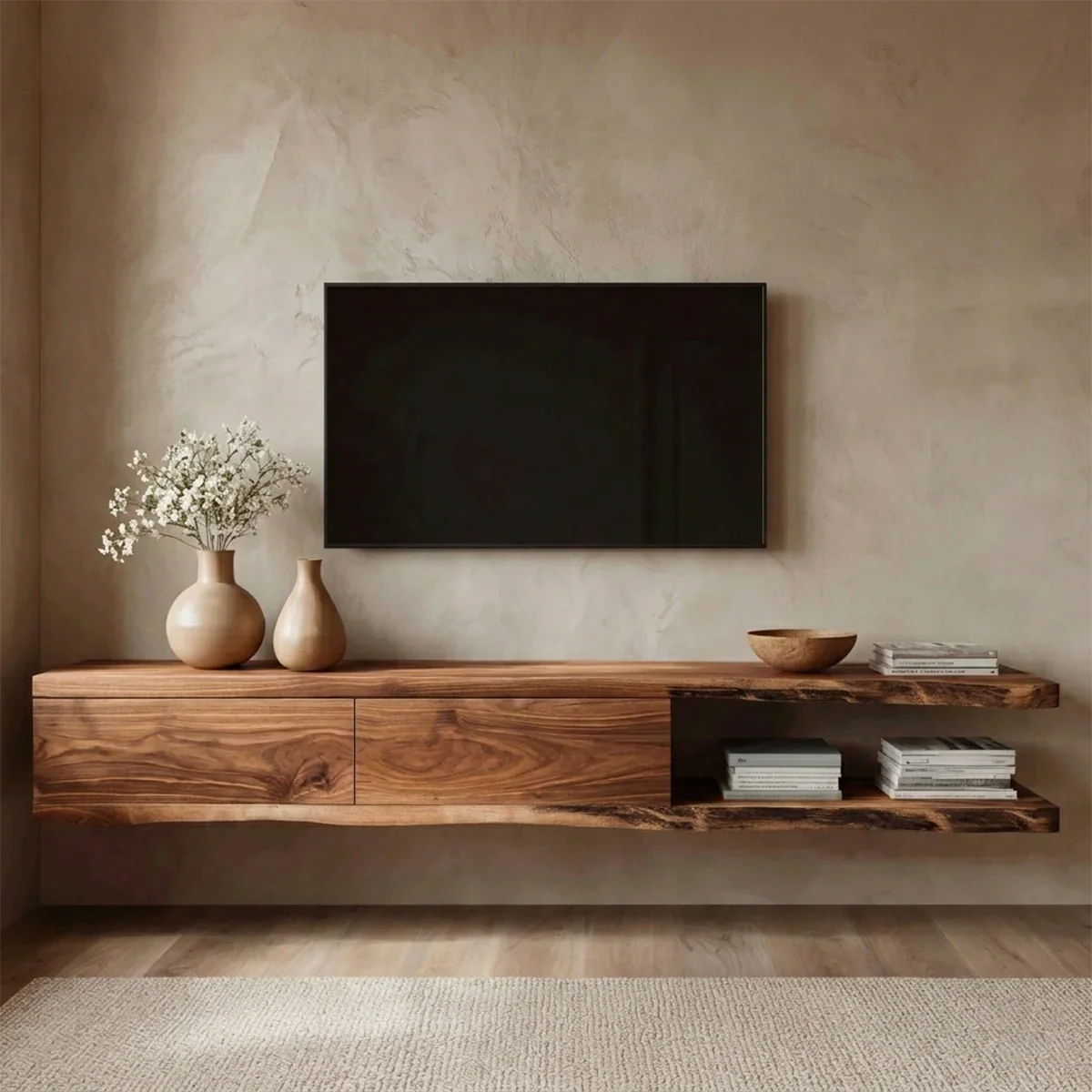 Handcrafted Floating Solid Wood TV Stand with Live Edge Shelves and Layered Storage - Elitegemse