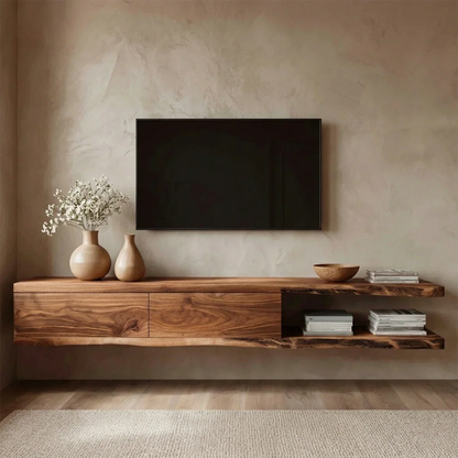 Handcrafted Floating Solid Wood TV Stand with Live Edge Shelves and Layered Storage - Elitegemse