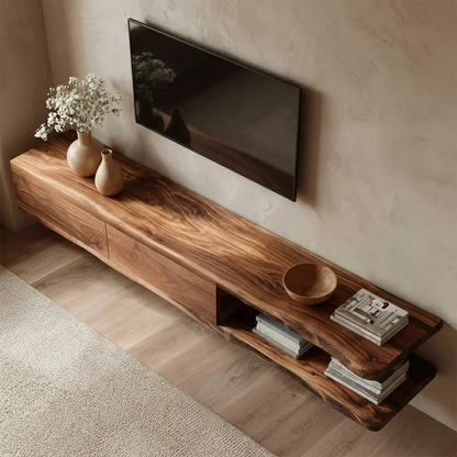 Handcrafted Floating Solid Wood TV Stand with Live Edge Shelves and Layered Storage - Elitegemse