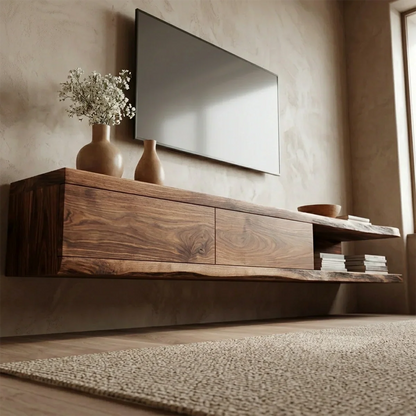 Handcrafted Floating Solid Wood TV Stand with Live Edge Shelves and Layered Storage - Elitegemse
