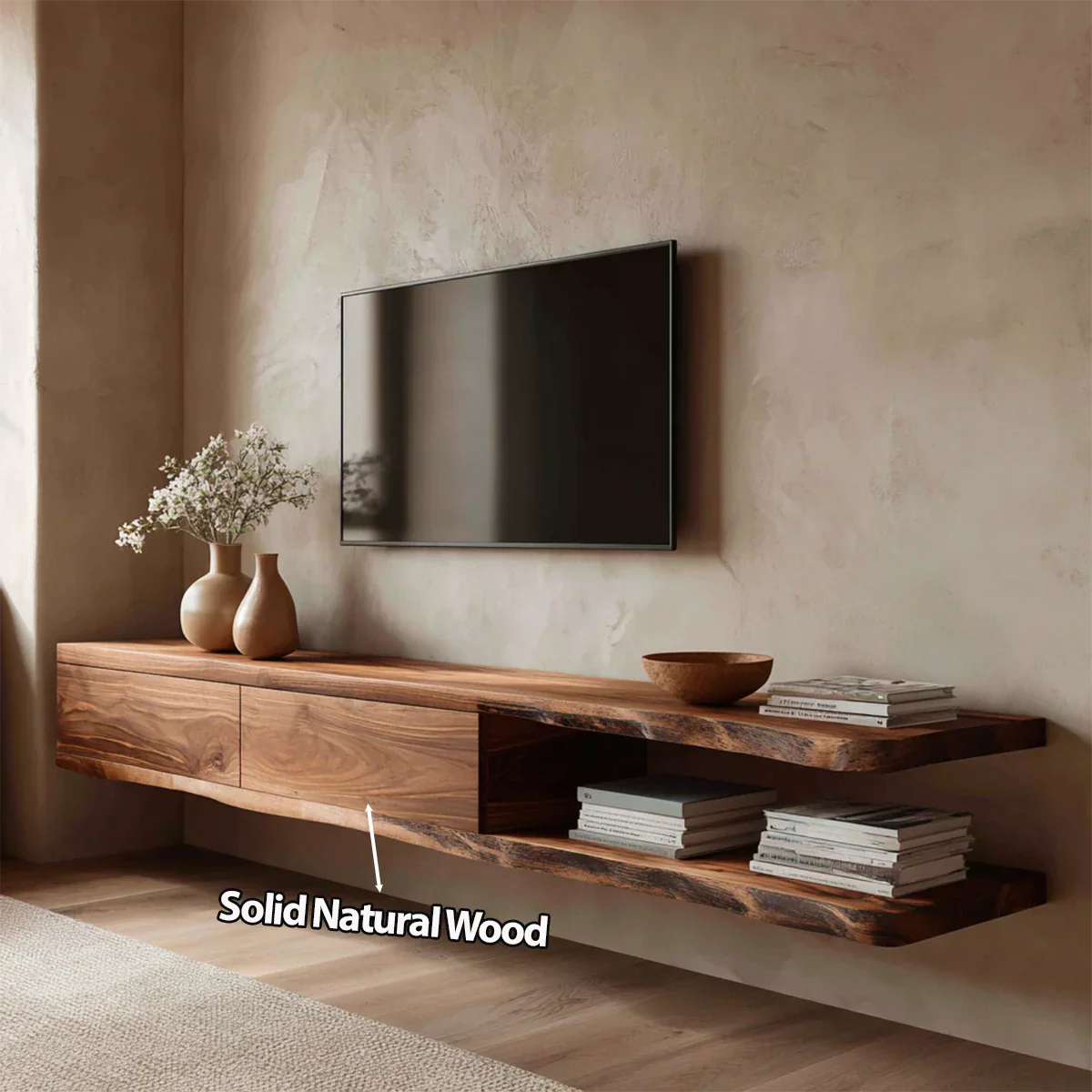 Handcrafted Floating Solid Wood TV Stand with Live Edge Shelves and Layered Storage - Elitegemse