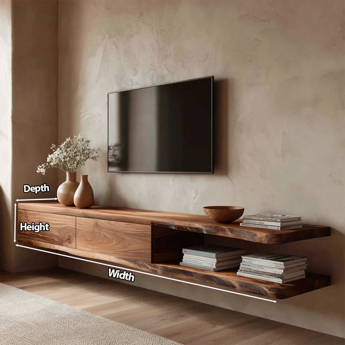 Handcrafted Floating Solid Wood TV Stand with Live Edge Shelves and Layered Storage - Elitegemse