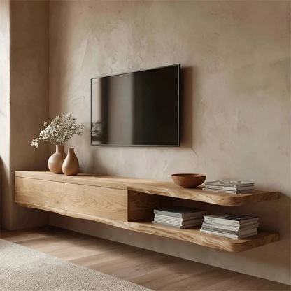 Handcrafted Floating Solid Wood TV Stand with Live Edge Shelves and Layered Storage - Elitegemse