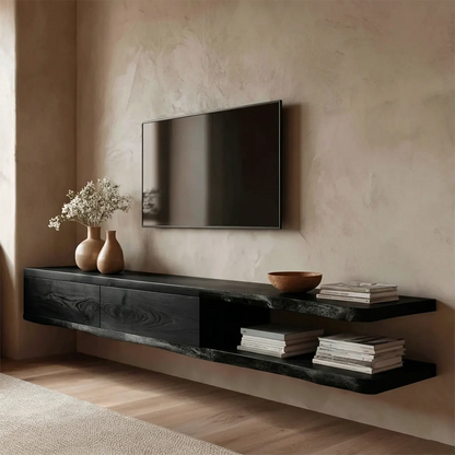 Handcrafted Floating Solid Wood TV Stand with Live Edge Shelves and Layered Storage - Elitegemse