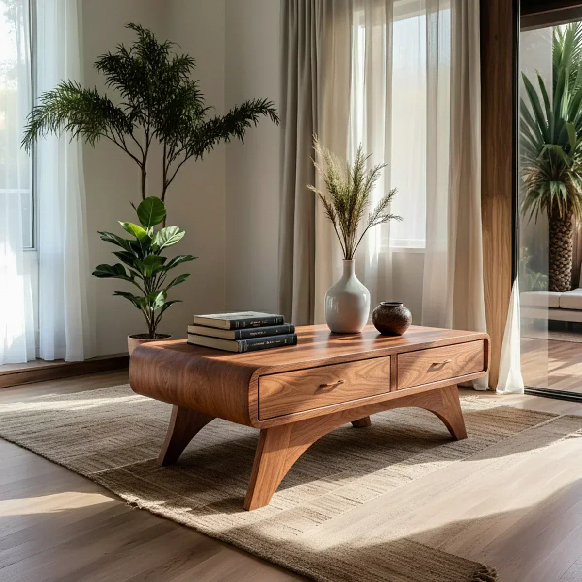 Handcrafted Mid-Century Natural Solid Wood Coffee Table with Storage - Rustirawood
