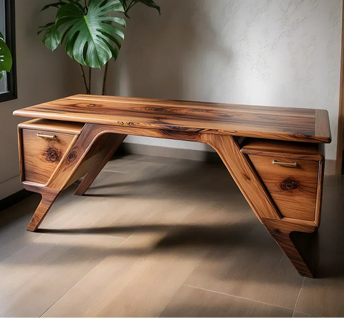 Handcrafted Natural Solid Wood Desk — Modern Angular Design - Woodenecho