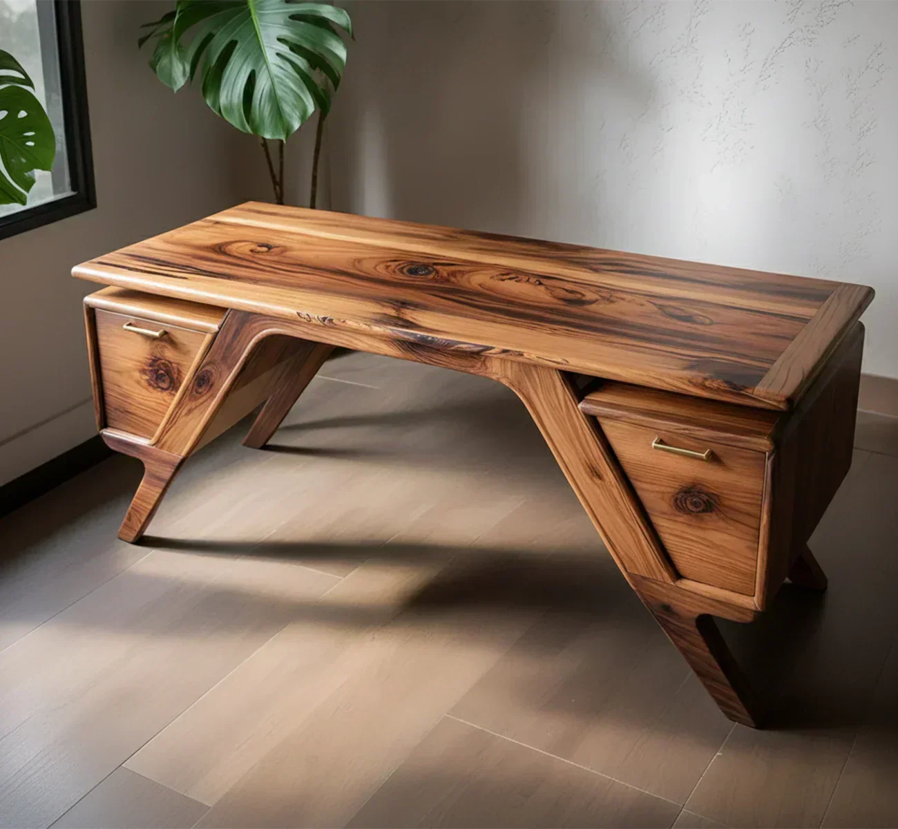 Handcrafted Natural Solid Wood Desk — Modern Angular Design - Woodenecho