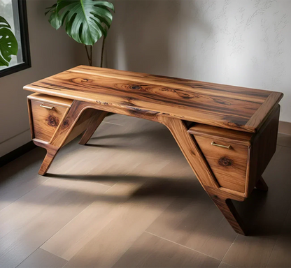 Handcrafted Natural Solid Wood Desk — Modern Angular Design - Woodenecho