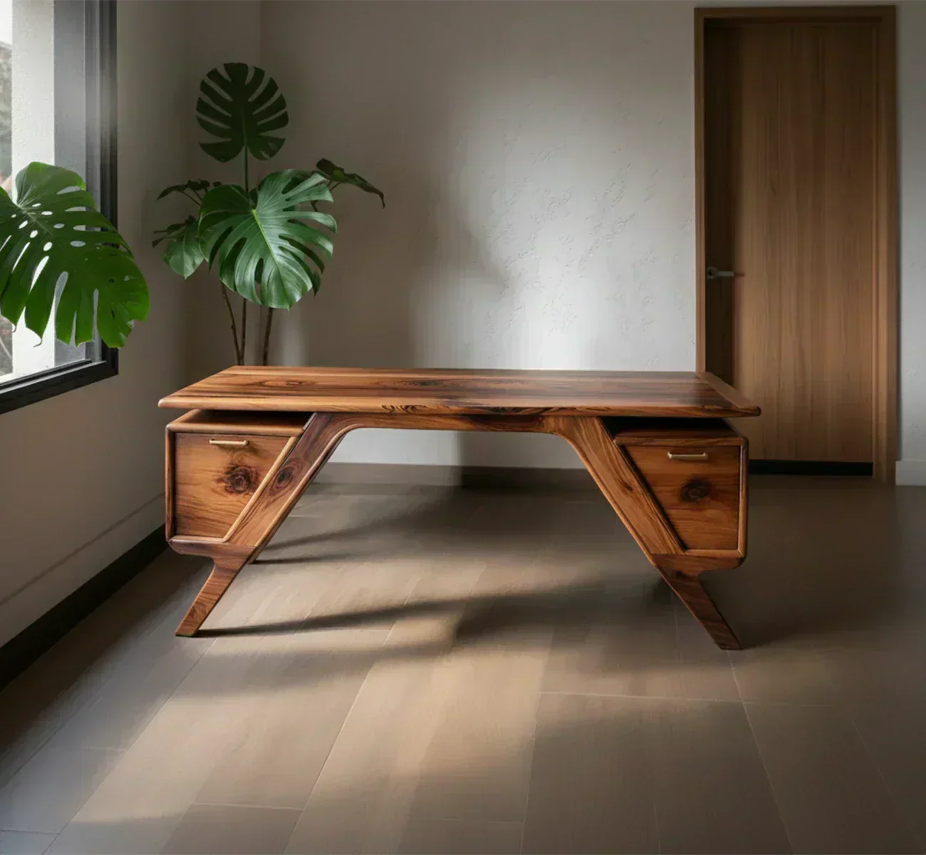 Handcrafted Natural Solid Wood Desk — Modern Angular Design - Woodenecho