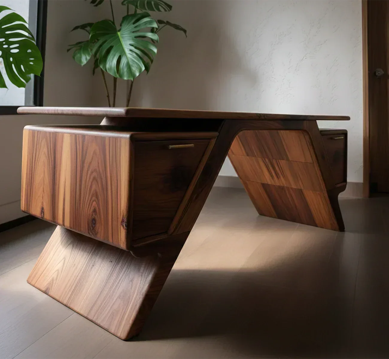Handcrafted Natural Solid Wood Desk — Modern Angular Design - Woodenecho