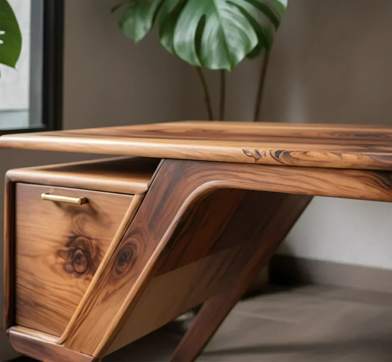 Handcrafted Natural Solid Wood Desk — Modern Angular Design - Woodenecho