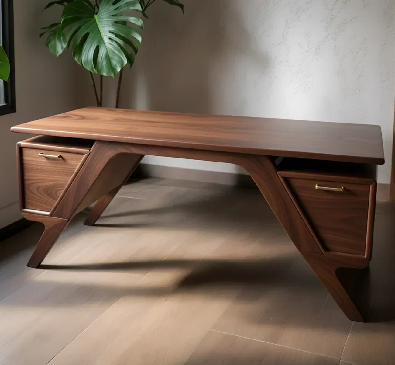 Handcrafted Natural Solid Wood Desk — Modern Angular Design - Woodenecho