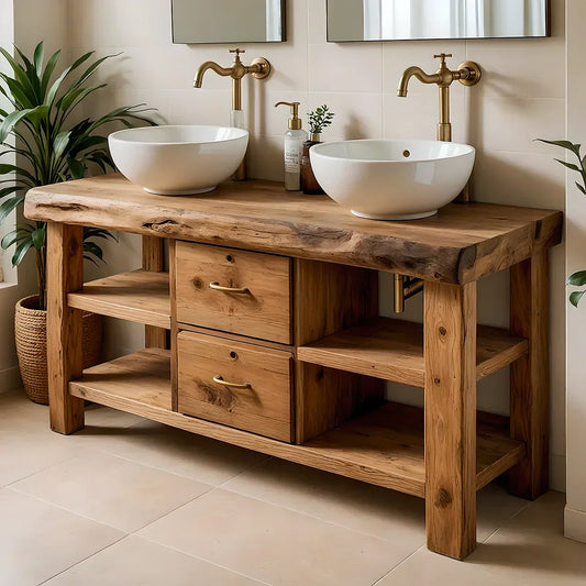Handcrafted Natural Solid Wood Double-Sink Bathroom Vanity - Elitegemse