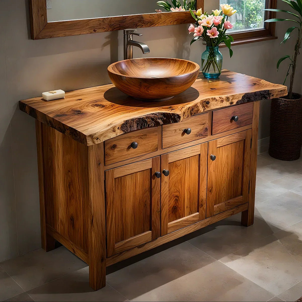 Handcrafted Natural Solid Wood Live-Edge Bathroom Vanity Cabinet - Elitegemse