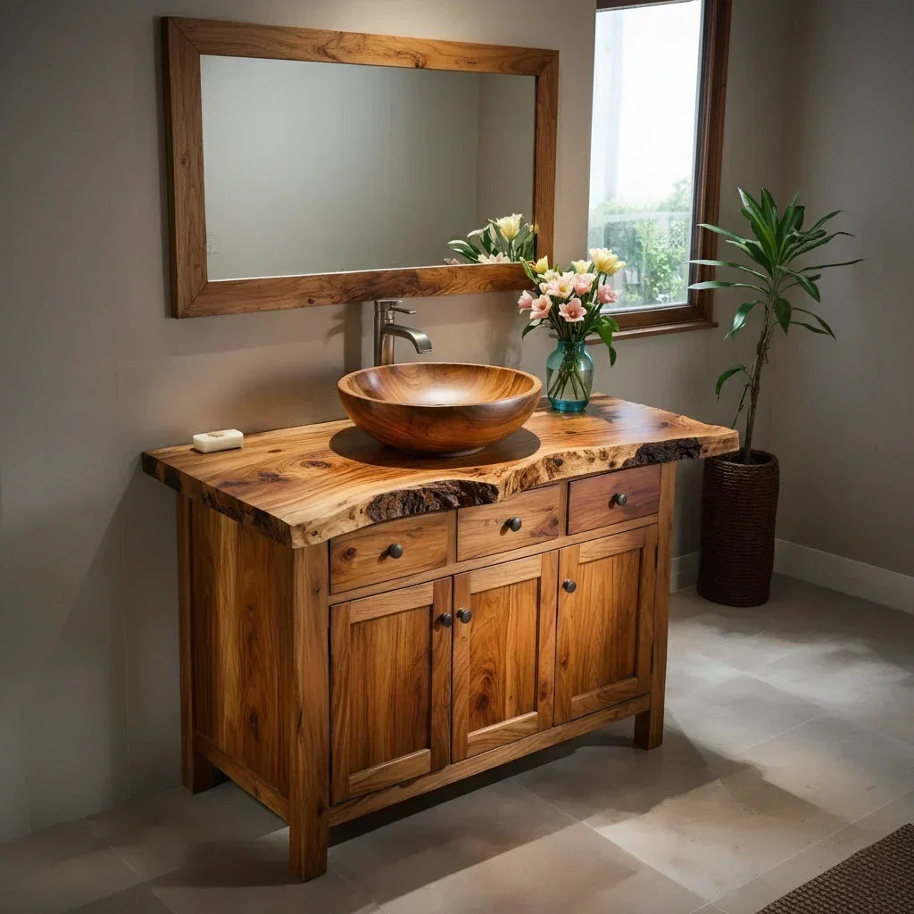 Handcrafted Natural Solid Wood Live-Edge Bathroom Vanity Cabinet - Elitegemse
