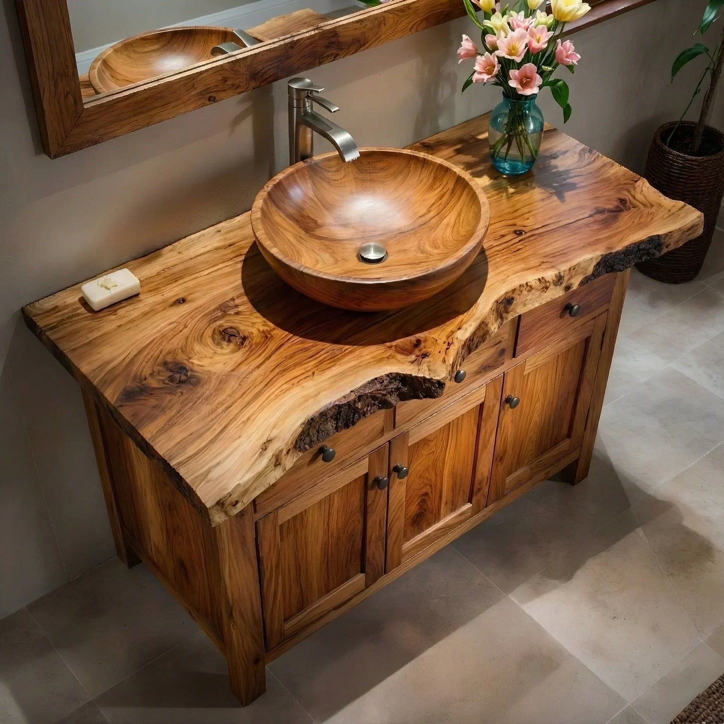 Handcrafted Natural Solid Wood Live-Edge Bathroom Vanity Cabinet - Elitegemse
