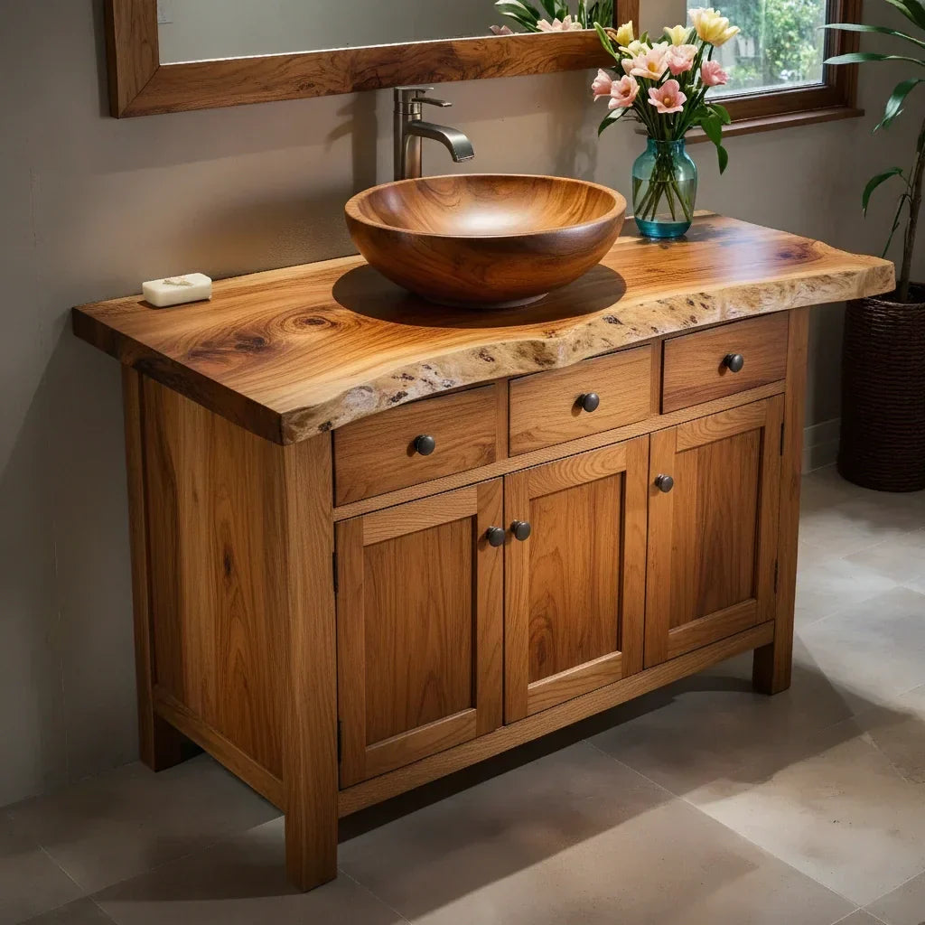 Handcrafted Natural Solid Wood Live-Edge Bathroom Vanity Cabinet - Elitegemse