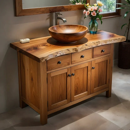 Handcrafted Natural Solid Wood Live-Edge Bathroom Vanity Cabinet - Elitegemse