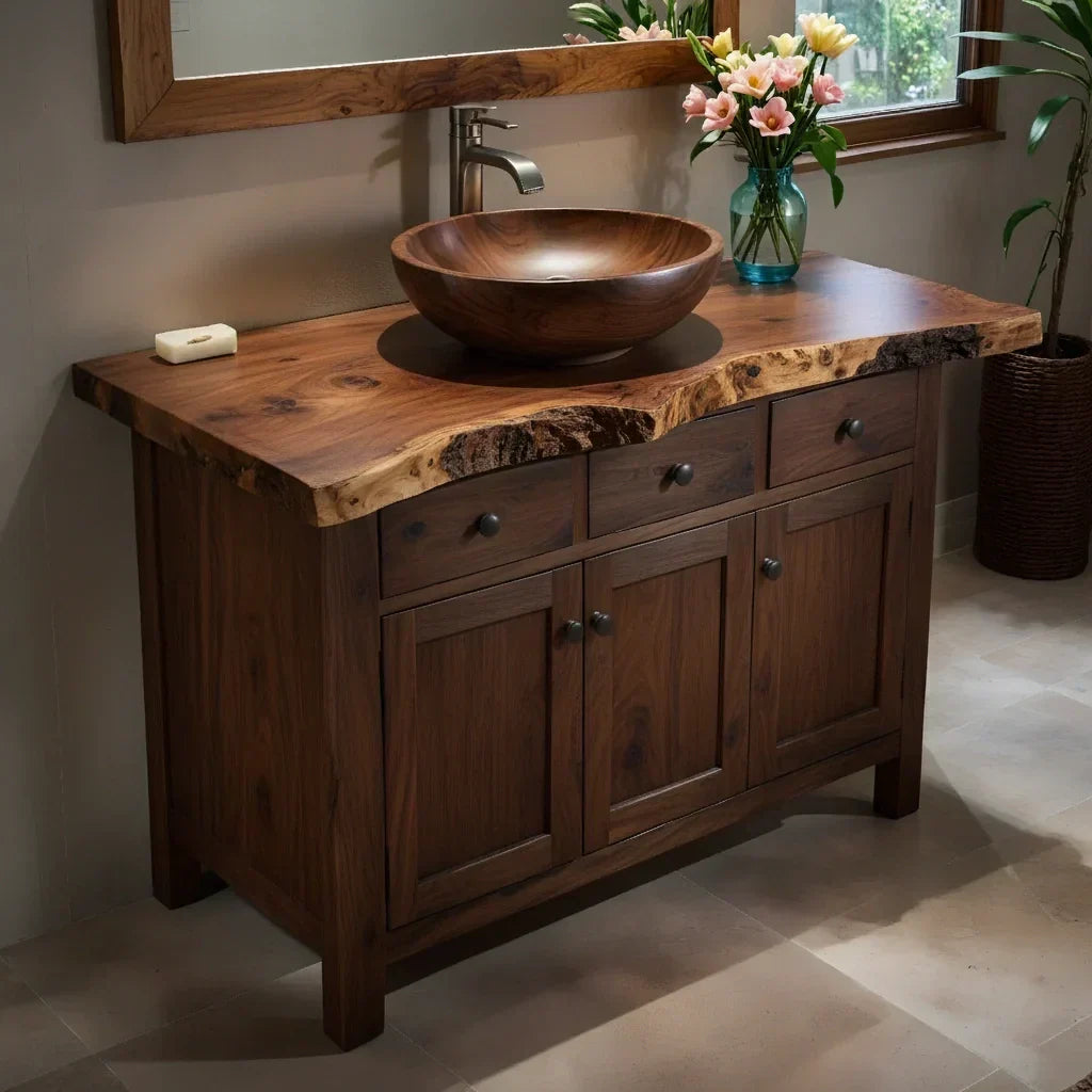 Handcrafted Natural Solid Wood Live-Edge Bathroom Vanity Cabinet - Elitegemse