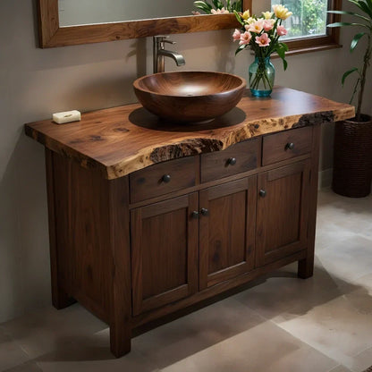 Handcrafted Natural Solid Wood Live-Edge Bathroom Vanity Cabinet - Elitegemse