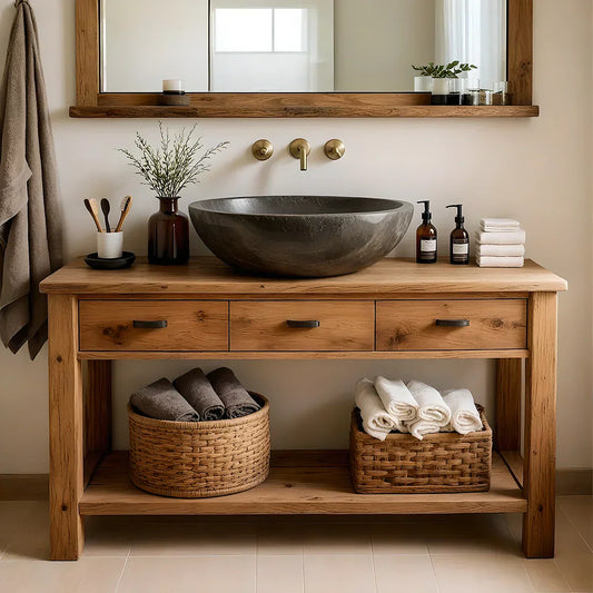 Handcrafted Natural Solid Wood Open-Shelf Bathroom Vanity - Elitegemse