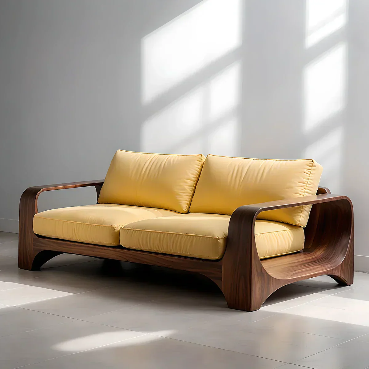 Handcrafted Natural Solid Wood Sofa – Rustic Curved Frame – Cotton Cushion Seating - Elitegemse