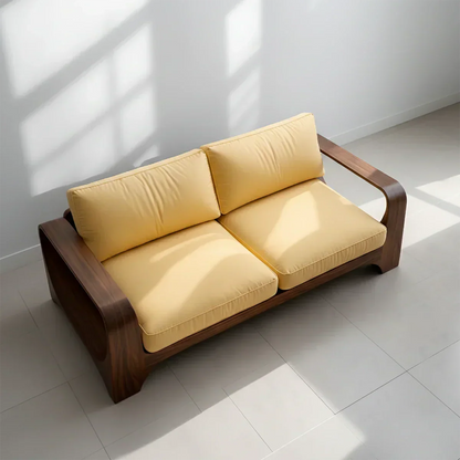 Handcrafted Natural Solid Wood Sofa – Rustic Curved Frame – Cotton Cushion Seating - Elitegemse