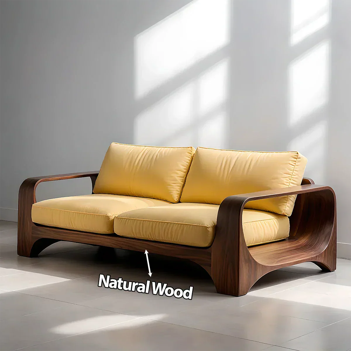 Handcrafted Natural Solid Wood Sofa – Rustic Curved Frame – Cotton Cushion Seating - Elitegemse