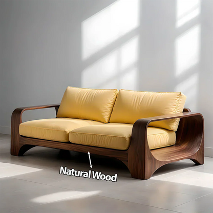 Handcrafted Natural Solid Wood Sofa – Rustic Curved Frame – Cotton Cushion Seating - Elitegemse