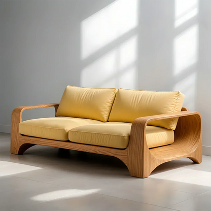 Handcrafted Natural Solid Wood Sofa – Rustic Curved Frame – Cotton Cushion Seating - Elitegemse