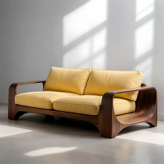 Handcrafted Natural Solid Wood Sofa – Rustic Curved Frame – Cotton Cushion Seating - Woodenecho