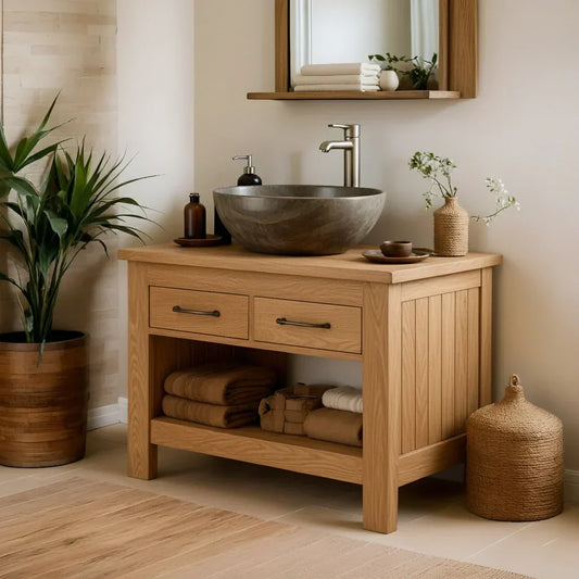 Handcrafted Natural Wood Bathroom Vanity with Drawers & Open Shelf - Elitegemse