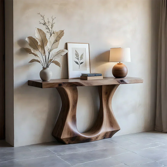 Handcrafted Solid Wood Console Table with Sculptural Twin-Base Design - Woodenecho