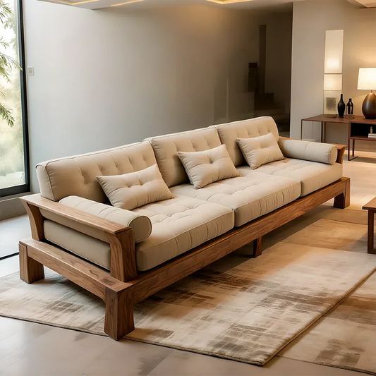 Handcrafted Solid Wood Cotton Sofa – Minimalist Rustic Modern Style - Elitegemse