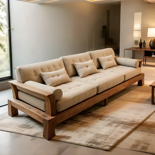 Handcrafted Solid Wood Cotton Sofa – Minimalist Rustic Modern Style - Woodenecho