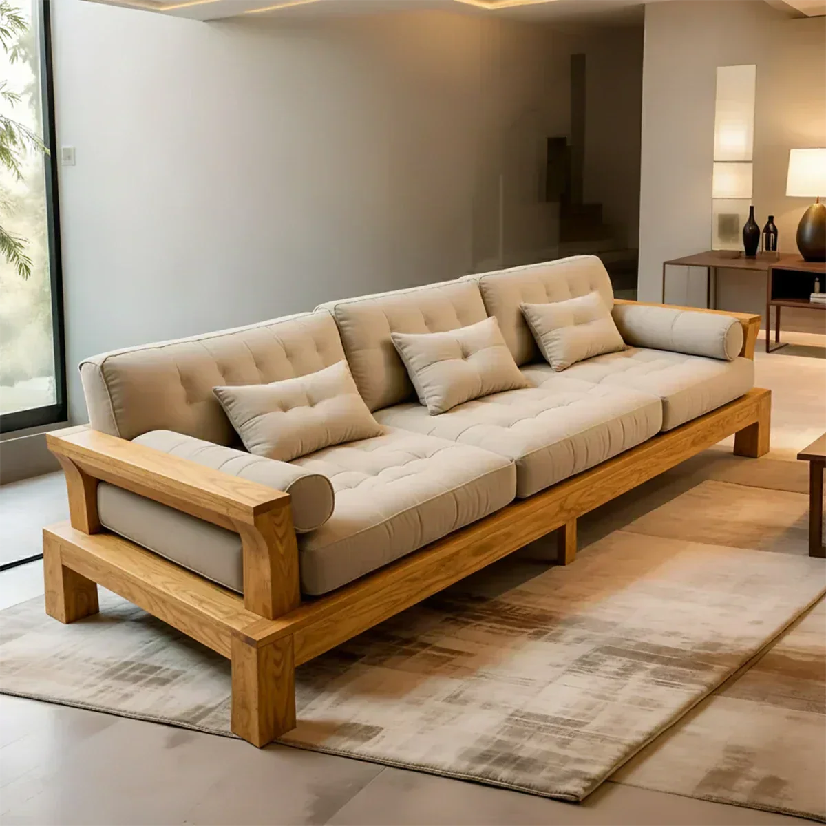 Handcrafted Solid Wood Cotton Sofa – Minimalist Rustic Modern Style - Woodenecho