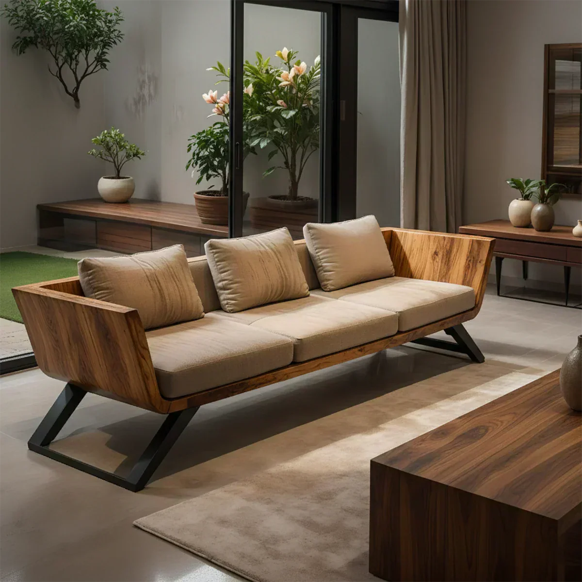 Handcrafted Solid Wood Cotton Sofa – Modern Minimalist Comfort - Woodenecho