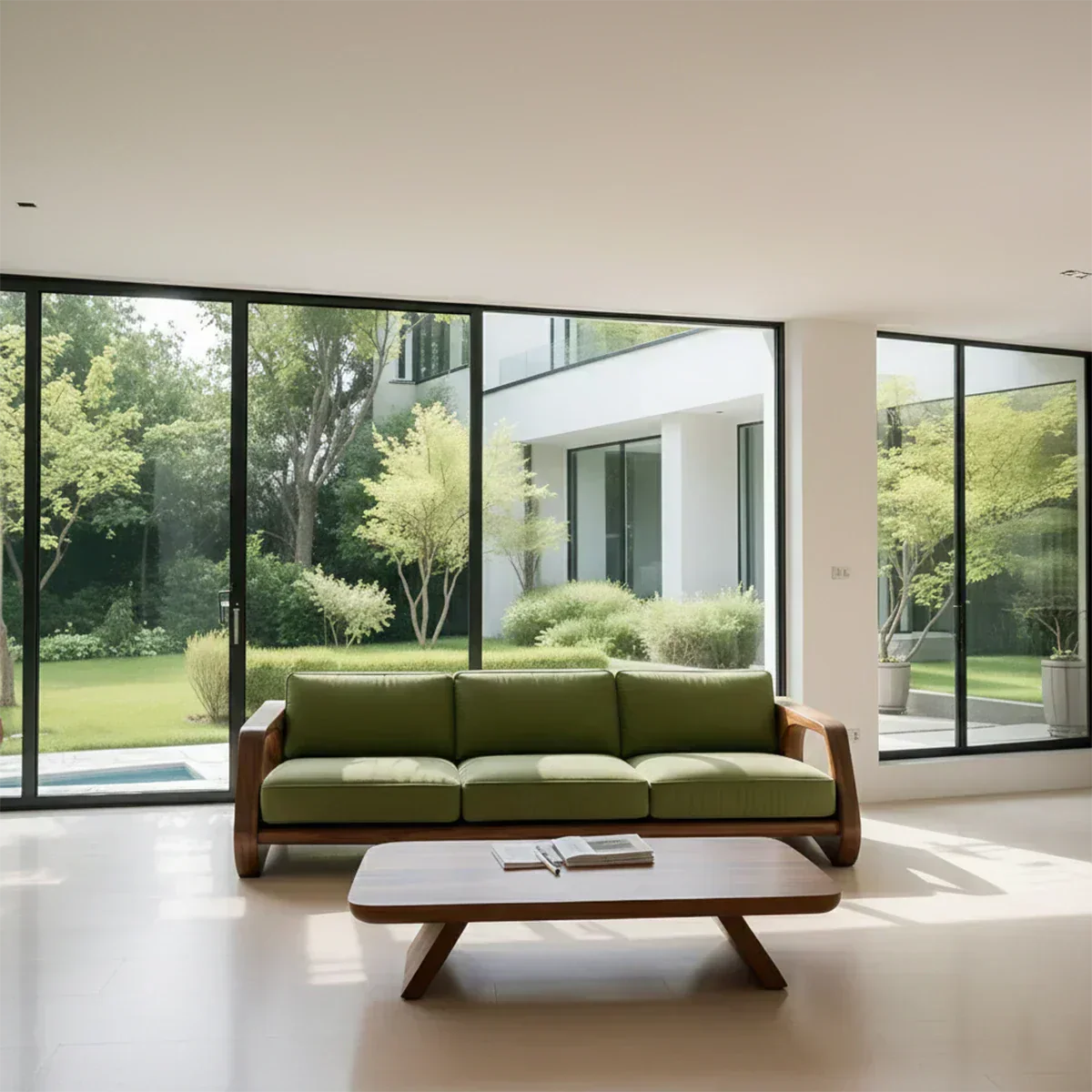 Handcrafted Solid Wood Cotton Sofa – Rustic Green Modern Design - Woodenecho