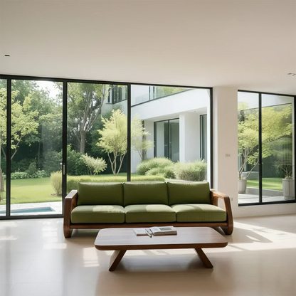 Handcrafted Solid Wood Cotton Sofa – Rustic Green Modern Design - Woodenecho
