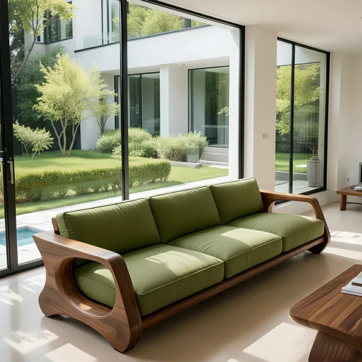 Handcrafted Solid Wood Cotton Sofa – Rustic Green Modern Design - Woodenecho