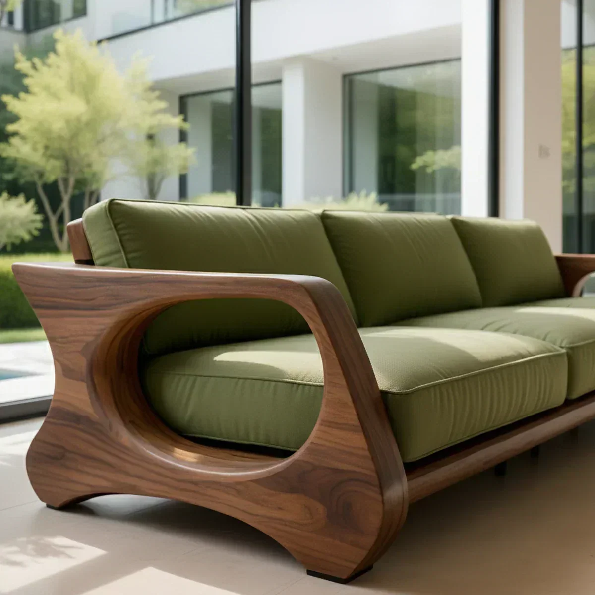 Handcrafted Solid Wood Cotton Sofa – Rustic Green Modern Design - Woodenecho