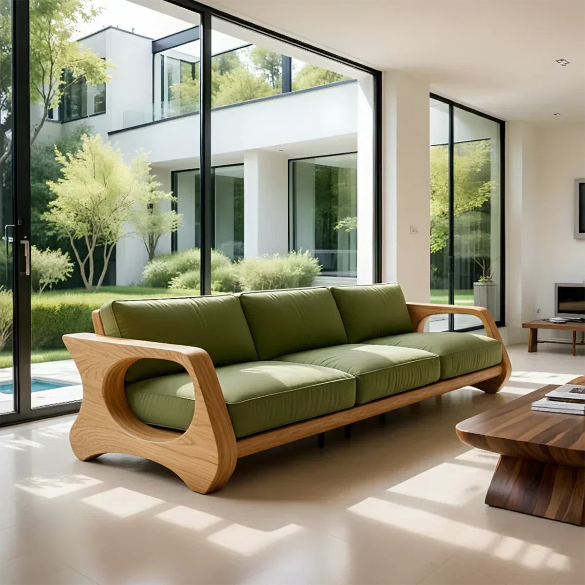 Handcrafted Solid Wood Cotton Sofa – Rustic Green Modern Design - Woodenecho
