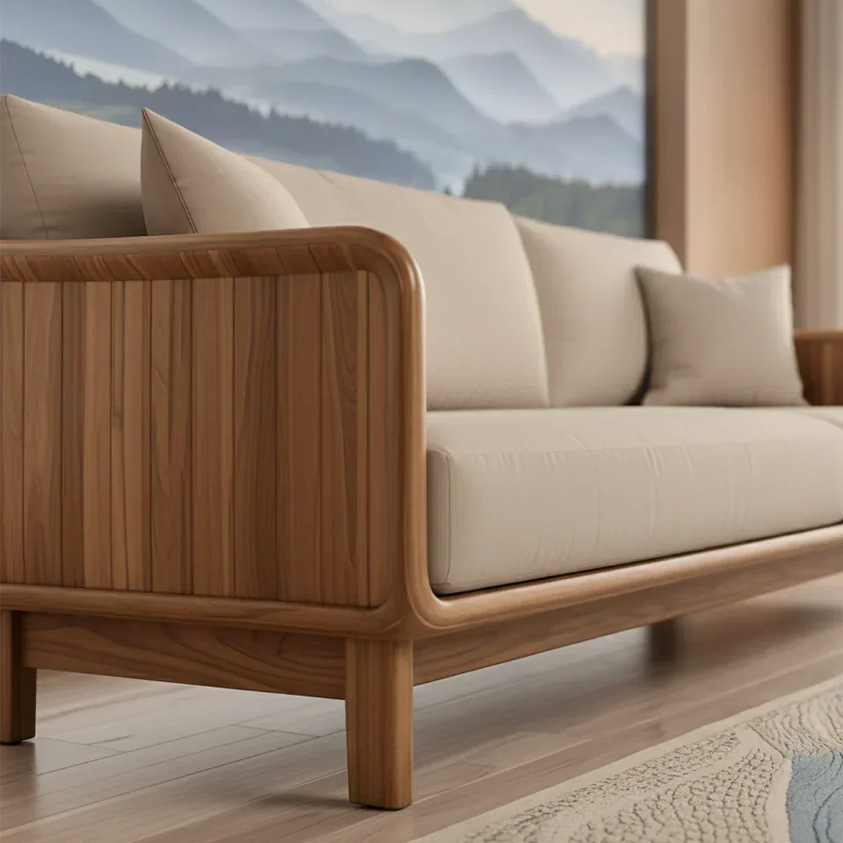 Handcrafted Solid Wood Cotton Sofa – Rustic Minimalist Design - Woodenecho
