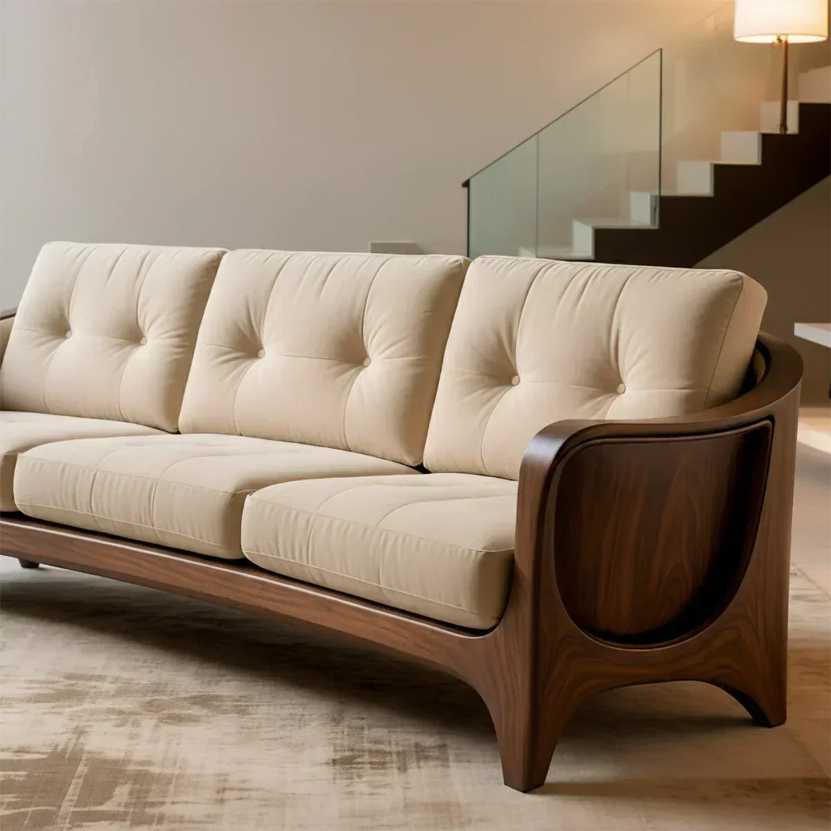 Handcrafted Solid Wood Cotton Sofa – Rustic Modern Comfort - Woodenecho