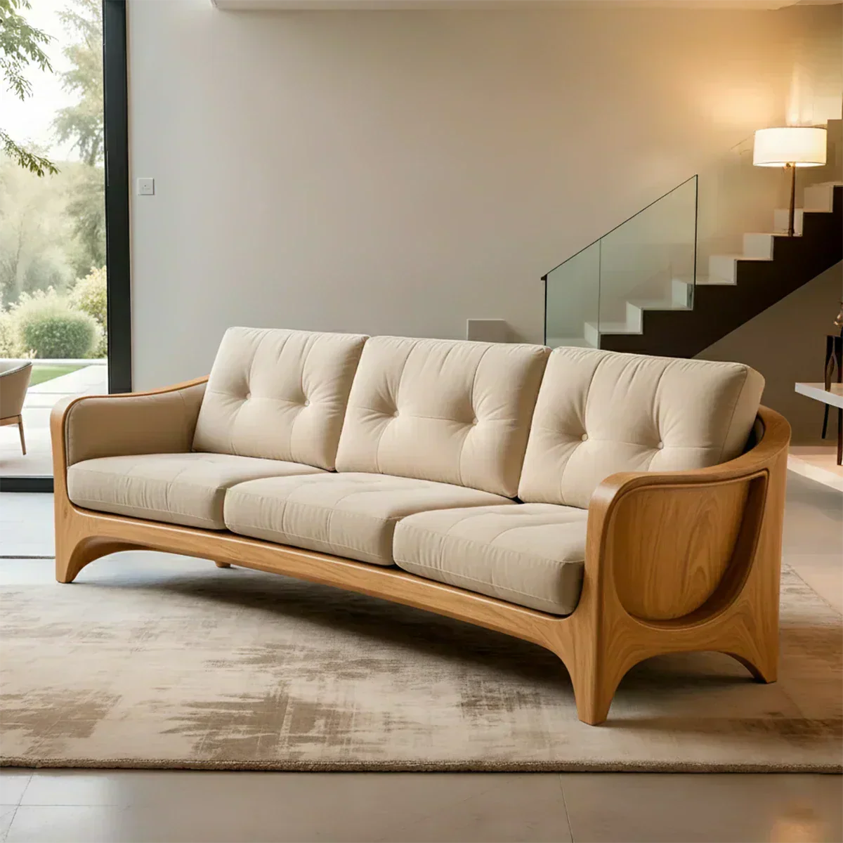 Handcrafted Solid Wood Cotton Sofa – Rustic Modern Comfort - Woodenecho